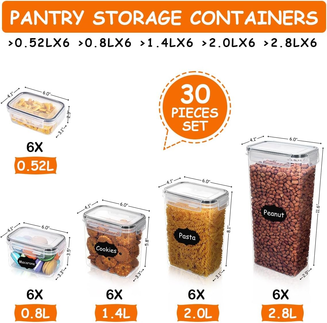 Anshine 30 Pack Airtight Food Storage Containers Set, BPA Free Pantry Storage Containers Kitchen & Cereal Organizer Containers for Food Storage - Labels & Marker