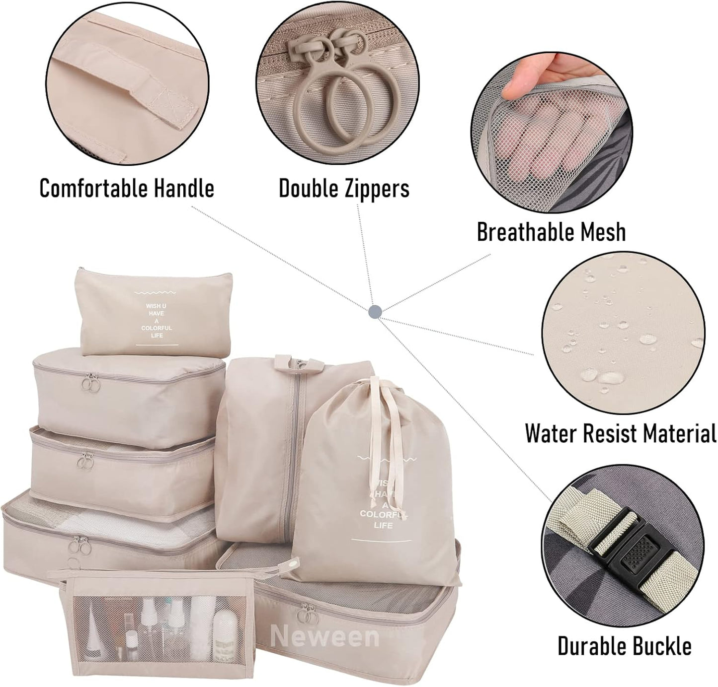 Neween 8 Set Packing Cubes for Suitcases, Travel Luggage Organizer with Shoe Bag, Toiletry Bag & Laundry Bag, Compression Packing Cubes Set Travel Accessories Clothes Storage Bag (Beige)