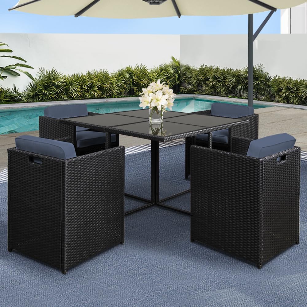 Gardeon Outdoor Dining Set 5pcs Rattan Wicker Lounge Setting Table and Chairs, Patio Conversation Sets Furniture Garden Backyard, Weather-Resistant Cushions Storage Cover Black Glass Tabletop