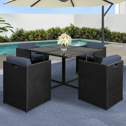 Gardeon Outdoor Dining Set 5pcs Rattan Wicker Lounge Setting Table and Chairs, Patio Conversation Sets Furniture Garden Backyard, Weather-Resistant Cushions Storage Cover Black Glass Tabletop