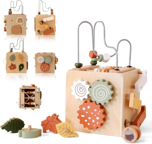 IEATFO 5 in 1 Wooden Activity Cube Play Center Bead Maze Leaves Shape Sorter Learning Montessori Toys for Toddlers 1-3 Early Educational Developmental Learning Toys for Kids