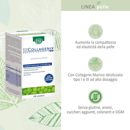 ESI, Biocollagenix, Food Supplement Based on Hydrolyzed Marine Collagen 1000 mg, Gives Firm Skin and Elasticity to the Face, Anti-Aging Supplements Gluten Free, 120 Tablets