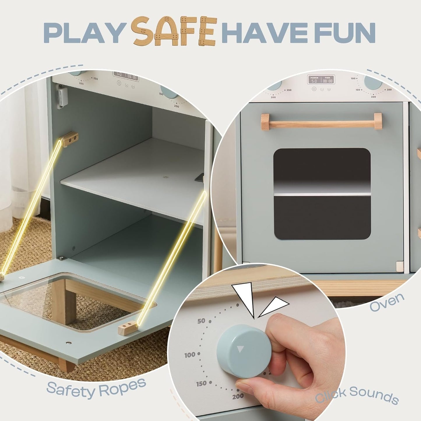 ROBOTIME Play Kitchen for Toddlers, Wooden Kids Play Kitchen Playset with Real Lights & Sounds/Ice Cube Dispenser, Pretend Play Montessori Toy Kitchen, Gift for Ages 3+ (Blue)