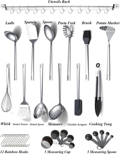 Kyraton Stainless Steel Cooking Utensils Set, 37 Pieces Kitchen Utensils Set, Kitchen Tool Gadgets Set with Utensil Holder Non-Stick and Heat Resistant Dishwasher Safe