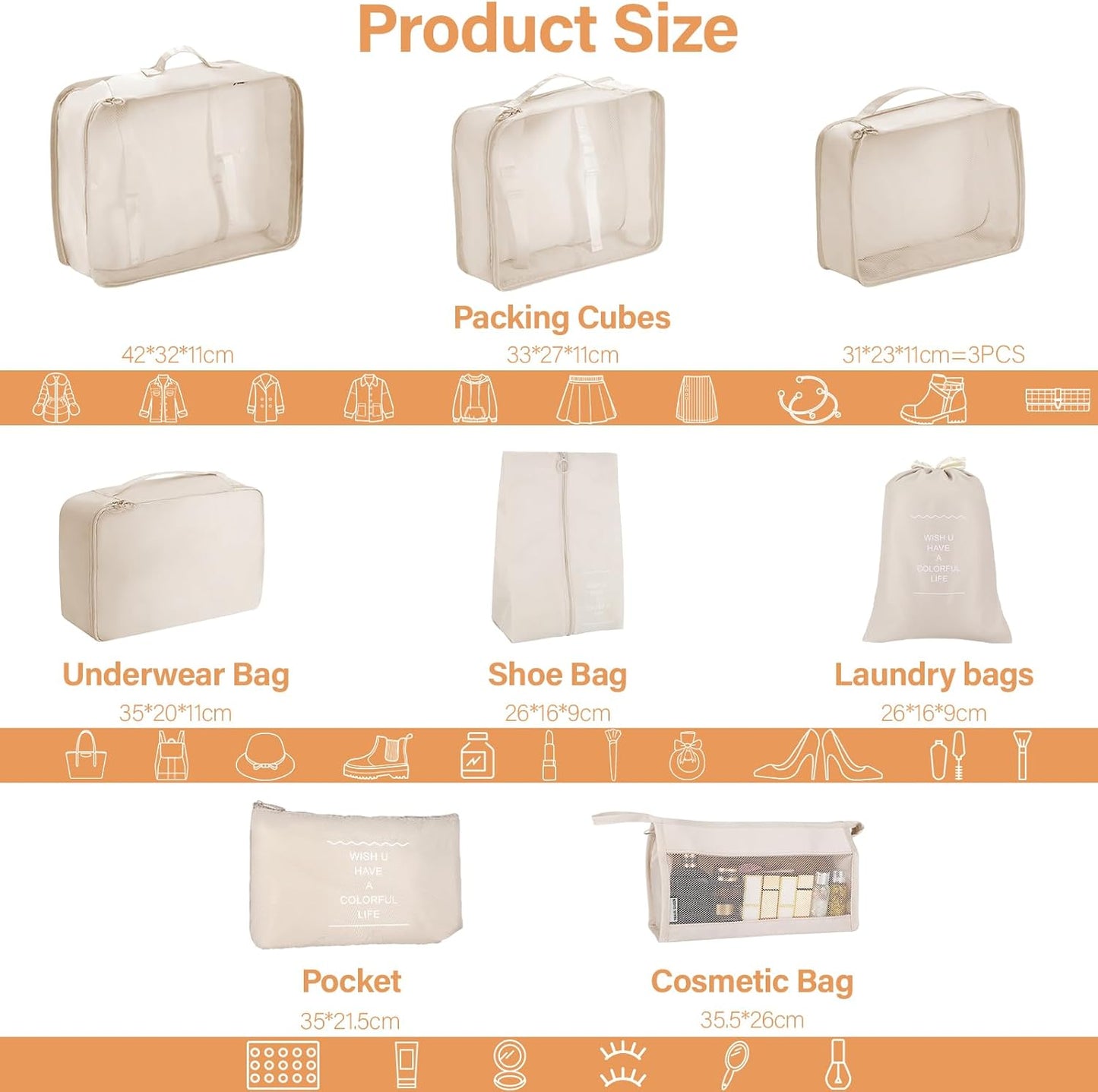 10 Pieces Space-Saving Suitcase Organizer (Beige) - Packing Cubes Set, Travel Suitcase Organizer, Useful Accessories for Holidays and Classification Underwear and Footwear