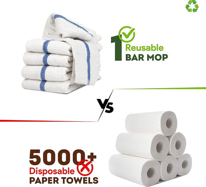 STF Linen Bar Mops Blue Stripe Pack of 60 Kitchen Towels 16x19 Multi-Purpose for Home, Restaurant and Cleaning White Absorbent Washcloth Dishcloths Sets, Reusable Dish, Cloths Rags