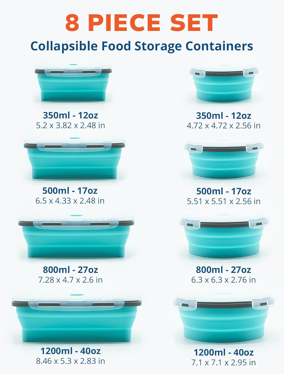 Lunememo 8 Pack Collapsible Silicone Food Storage Containers with Lids, Freezer & Dishwasher Safe, Foldable Lunch Box for Camper, Leftovers, Meals, Blue