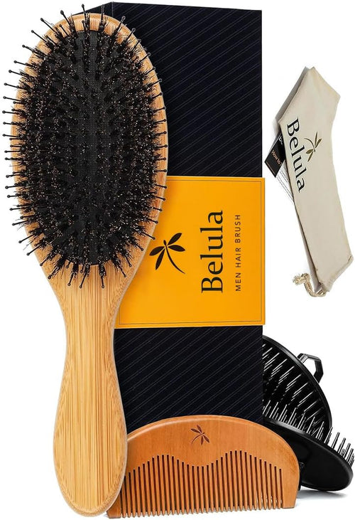 Belula Boar Bristle Hair Brush for Men Set.Styling Mens' Hair Brush with Nylon Pins. Boar Bristle Brush, 2 x Palm Brush, Wooden Comb & Travel Bag Included.