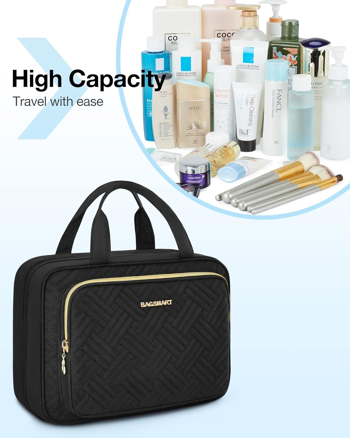 BAGSMART Toiletry Bag Hanging Travel Makeup Organizer with TSA Approved Transparent Cosmetic Bag Makeup Bag for Full Sized Toiletries (Black, Large)