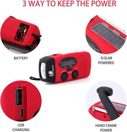 Great One Emergency Hand Crank Self Powered AM/FM NOAA Solar Weather Radio with LED Flashlight, 1000mAh Power Bank for iPhone/Smart Phone 088 red