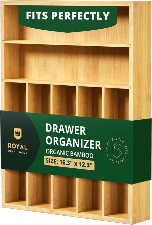 Bamboo Kitchen Drawer Organizer - Expandable Silverware Organizer/Utensil Holder and Cutlery Tray with Grooved Drawer Dividers for Flatware and Kitchen Utensils (Natural, 7 Slots)