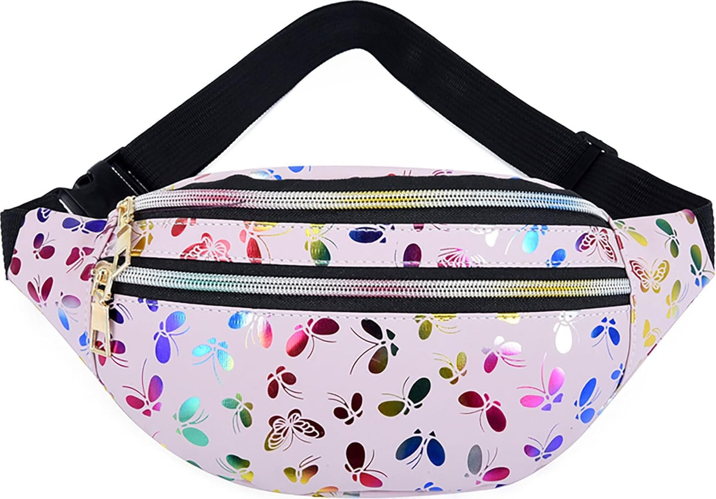 HNKJDS Butterfly Pattern Fanny Pack Shiny Waterproof Waist Packs for Women Men Fashion Holographic Belt Bag with Adjustable Belt for Rave Festival Hiking Travel Outdoor, Pink, One Size, Shiny Waist