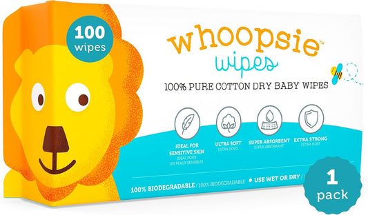 Whoopsie Wipes - 100% Pure Cotton Dry Baby Wipes - Use as Dry Wipes or Wet Wipes for Baby Sensitive Skin, Unscented - Super Soft, Strong & Absorbent (1 Pack)