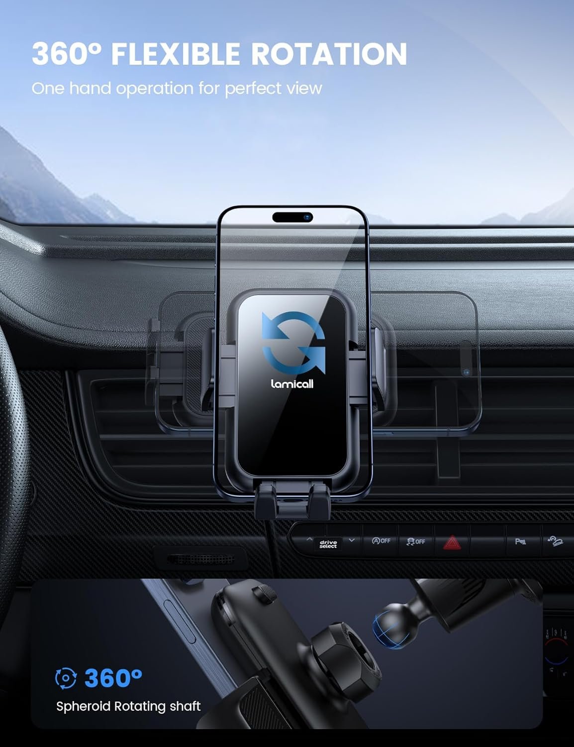 Lamicall Car Vent Phone Mount - 2024 Wider Clamp & Metal Hook Air Vent Phone Holder Cradle, [Thick Cases Friendly] Cellphone Vent Clip, 360 Adjustable Stand for iPhone 15 14 13 Pro Max (Lucite Black)
