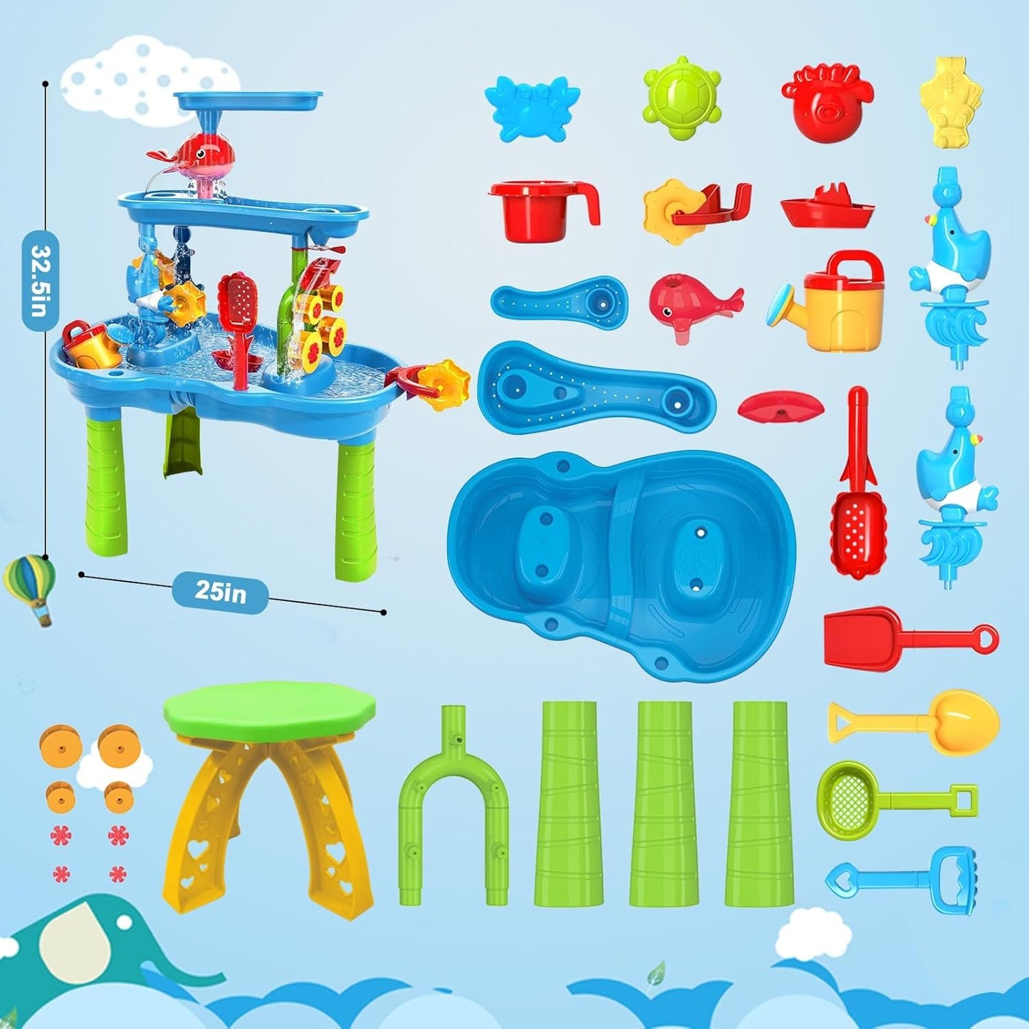 Water Table for Toddlers 3-5 | 3-Tier Kids Water Table Toys, Rain Showers Splash Pond for Outdoor Beach Backyard Summer, Outdoors Play Sensory Play Table Pond for Boys Girls 3-5 4-8