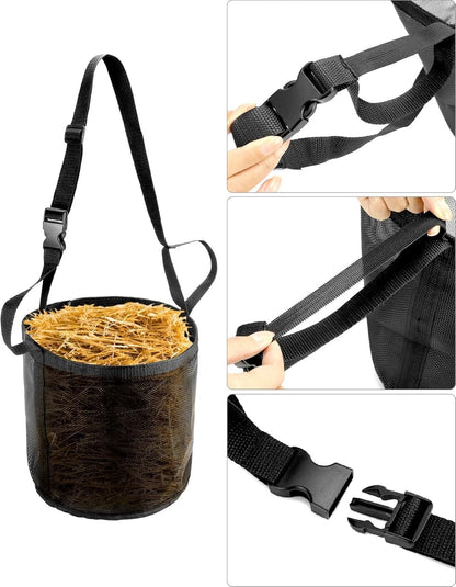 Comfort Breathable Horse Feed Bag, Mesh Feed Bucket, Mesh Designed Feeding Bag with Adjustable Strap and Waterproof Bottom, Horse Feeder Bag Storage, for Horse Feeding Supplies Muzzle Feed (2 Black)