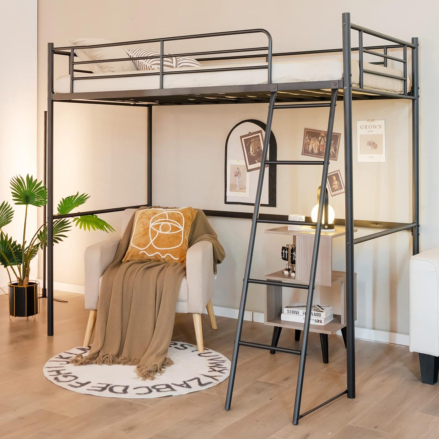 Giantex Loft Bed with Ladder, Heavy-Duty Steel Bed Frame with High Guard Rails & Ample Underneath Floor Space for Working & Relaxation, Versatile Bed Frame, No Box Spring Needed, Space-Saving (Black)