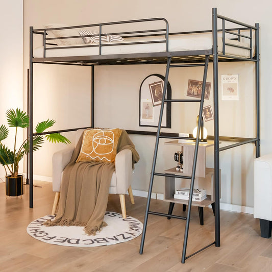Giantex Loft Bed with Ladder, Heavy-Duty Steel Bed Frame with High Guard Rails & Ample Underneath Floor Space for Working & Relaxation, Versatile Bed Frame, No Box Spring Needed, Space-Saving (Black)