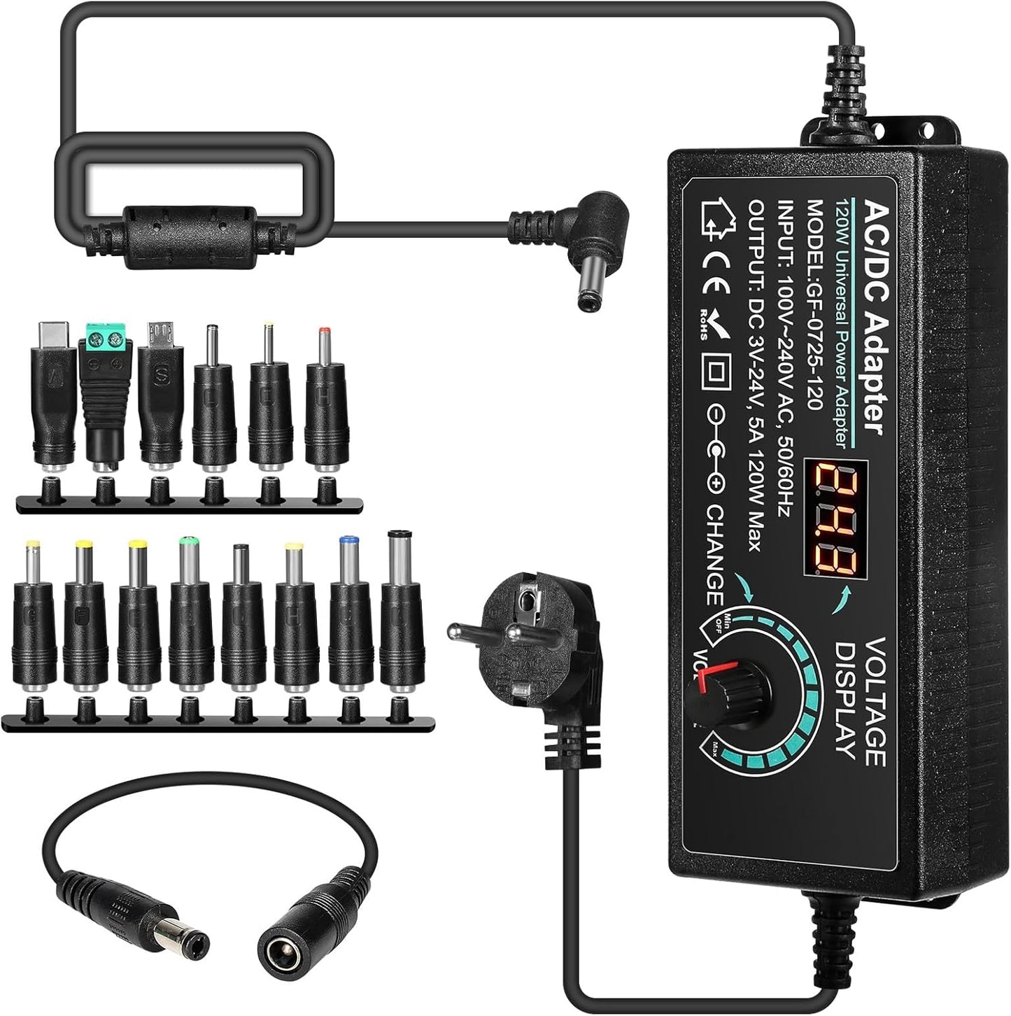 Jadeshay Adjustable Power Adapter 3 V-24 V 5 A 120 W Universal Adapter 100 V-240 V AC to DC with LED Display, Power Adapter Converter for Home Electronics