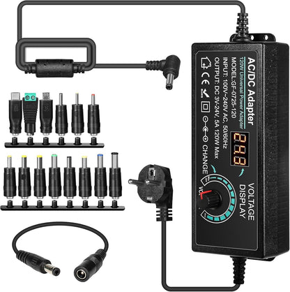 Jadeshay Adjustable Power Adapter 3 V-24 V 5 A 120 W Universal Adapter 100 V-240 V AC to DC with LED Display, Power Adapter Converter for Home Electronics