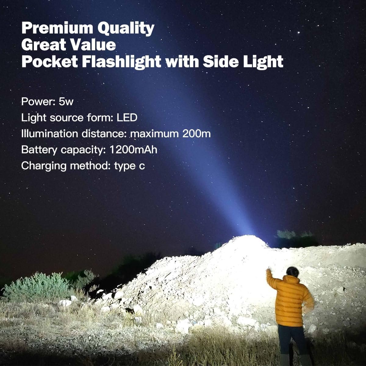 Small Rechargeable Flashlight with Main and Side Lights, Full Aluminum Alloy Body, Built-in Battery, Up to 200m Illumination - Ideal for Hiking, Patrolling, Camping & Emergencies