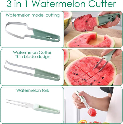 Affettatrice a forchetta per anguria, 3 in 1, in acciaio inox, per utensili da cucina, campeggio, frutta, anguria, ghiaccioli, portabilità, gadget da campeggio