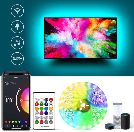 HAMLITE TV LED Backlight, 12.5Ft USB Smart LED Light Strips for Decorative Purposes with Alexa for 32 to 55inch Music Sync, RGBW 6500K DIY Color Changing Bias Lighting