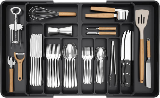 Lifewit Large Silverware Drawer Organizer, Expandable to 36 Inches Wide, BPA Free Plastic Utensil Tray for Kitchen, Adjustable Flatware and Cutlery Holder for Spoons Forks Knives, Black