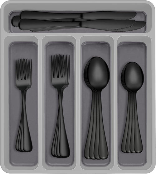 60-Piece Black Silverware Set with Organizer, AIVIKI Stainless Steel Flatware Set for 12, Cutlery Utensil Sets for Home Restaurant, Include Knife Fork Spoon Set, Mirror Finish, Dishwasher Safe