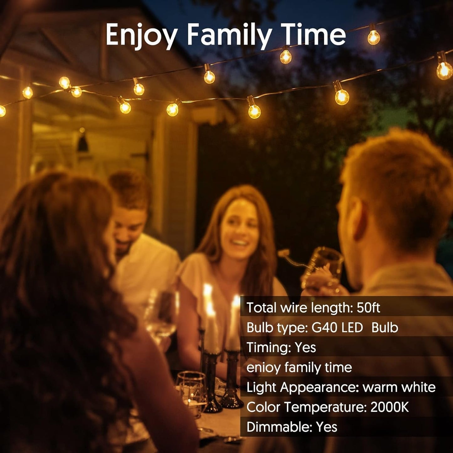 50FT Smart LED Outdoor String Lights – Dimmable G40 Globe LEDs Patio Lights Plug in with 25 LED Bulbs, Waterproof Hanging Light Connectable up to 100FT– Backyard Porch Balcony Party Decor