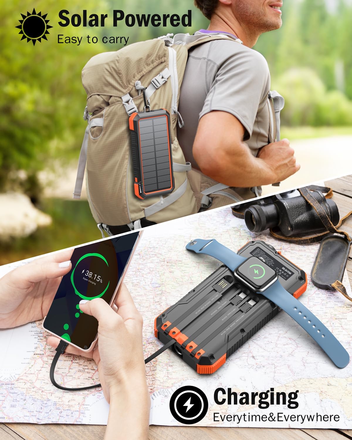 BLAVOR Solar Power Bank Built in 4 Cables, 20W 20000mAh USB C in & Out Portable Charger Fast Charging with Flashlight for All Mobile Phones, Wireless Charging Battery Pack for Apple Watches