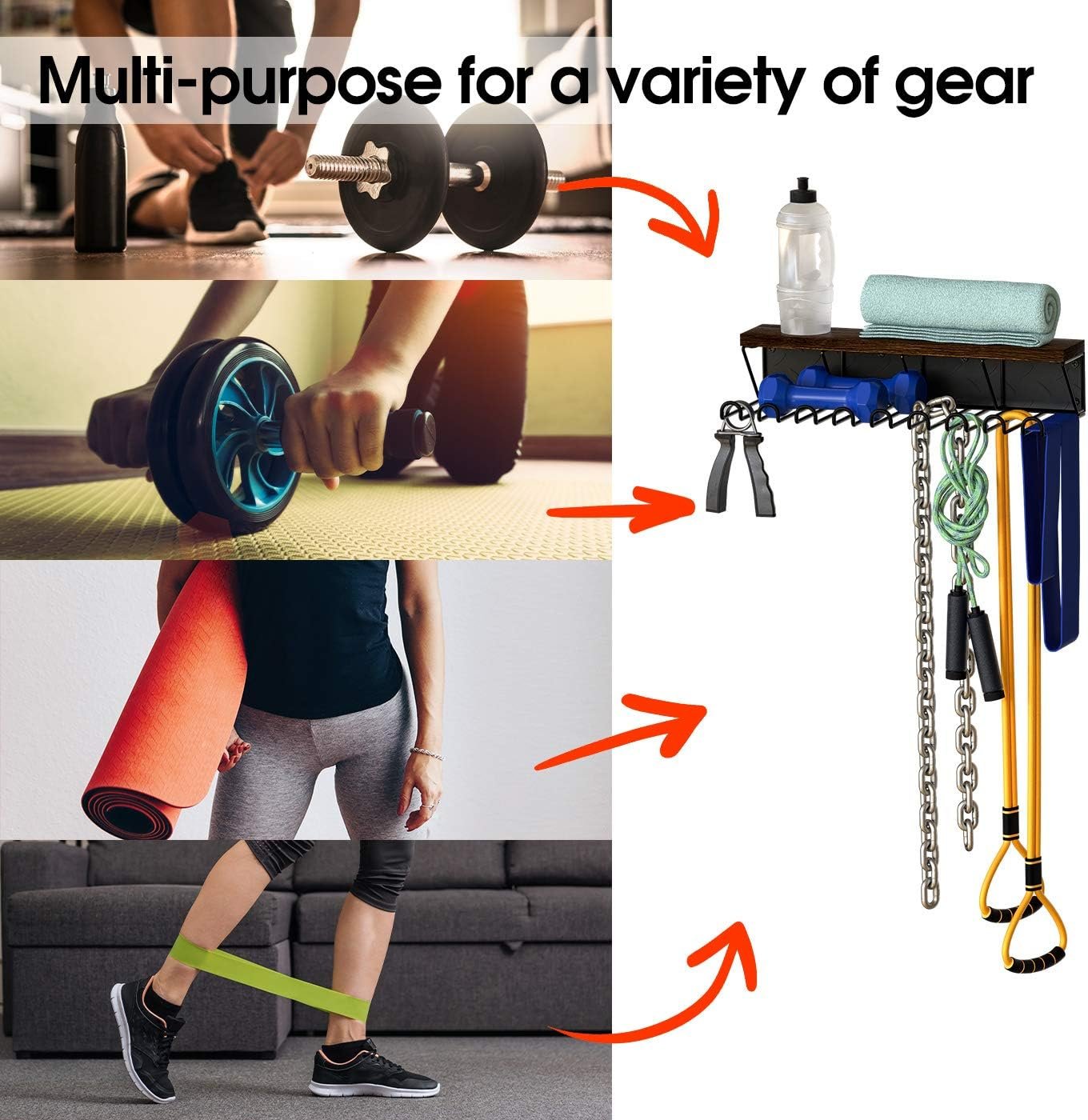 J JACKCUBE DESIGN Gym Storage Rack Organizer for Workout Equipments, Fitness Gears, Resistance Bands, Lifting Belts Rack Holder with 9 Heavy Duty Metal Hooks and Wood Shelf- MK713A