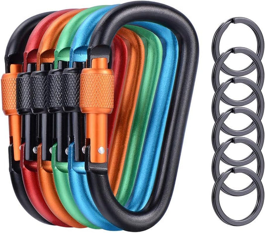 6 Pieces Upgraded D-Ring Locking Carabiner, 3.1" D Shape Keychain Clips for Outdoor, Camping, Hiking, Fishing, Home RV, Travel, 6 Spring-Loaded Gate Hook with 6 Key Rings