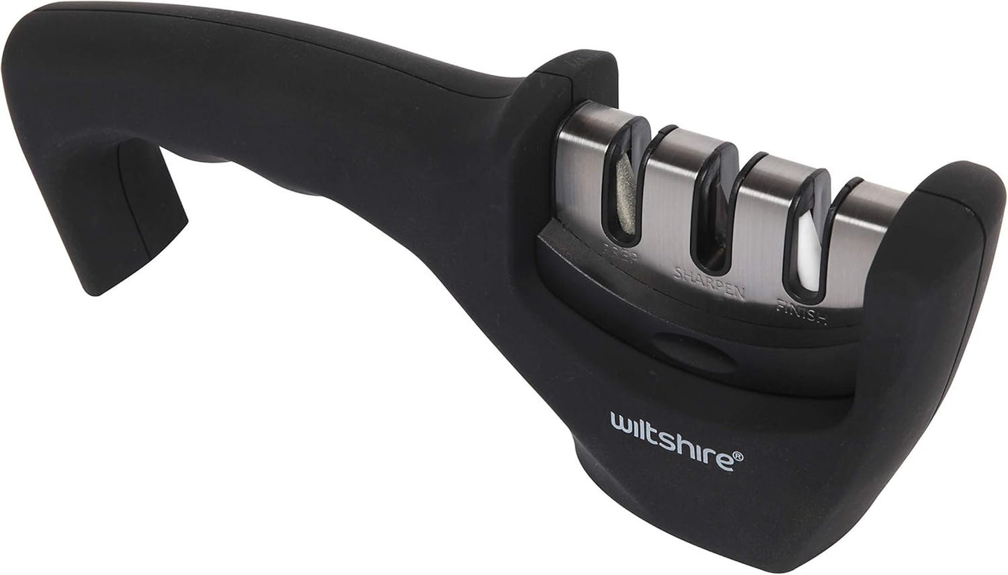 Wiltshire 3 Stage Knife Sharpener â€“ Manual Sharpener with Soft Touch Handle & Non-Slip Base, Black & Silver, Easy Alternative to Sharpening Stone or Whetstone