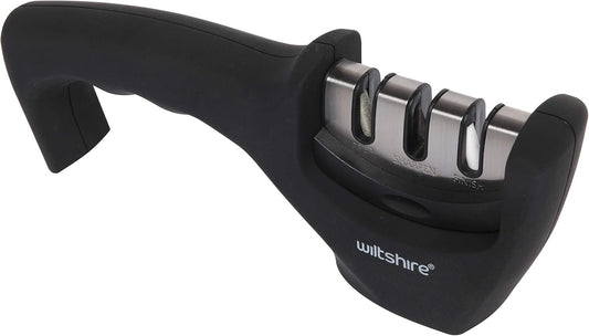 Wiltshire 3 Stage Knife Sharpener â€“ Manual Sharpener with Soft Touch Handle & Non-Slip Base, Black & Silver, Easy Alternative to Sharpening Stone or Whetstone