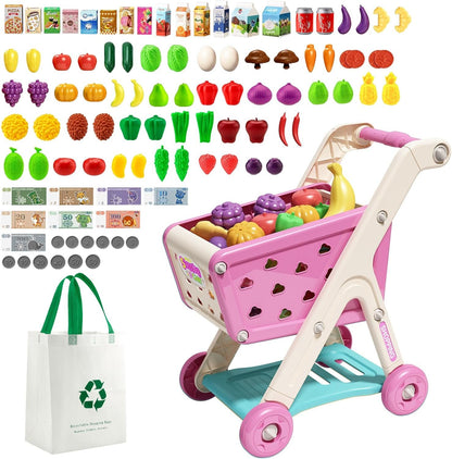 Jovow 98pcs Kids Shopping Cart Trolley Play Set with Pretend Food and Accessories,Perfect Pretend Play and Role-Playing Games ,Play Kitchen,Toy Kitchen,for 3 4 5 6 Year Old Girl Gifts (Rose Red)