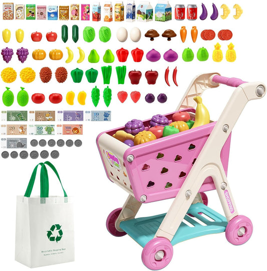Jovow 98pcs Kids Shopping Cart Trolley Play Set with Pretend Food and Accessories,Perfect Pretend Play and Role-Playing Games ,Play Kitchen,Toy Kitchen,for 3 4 5 6 Year Old Girl Gifts (Rose Red)
