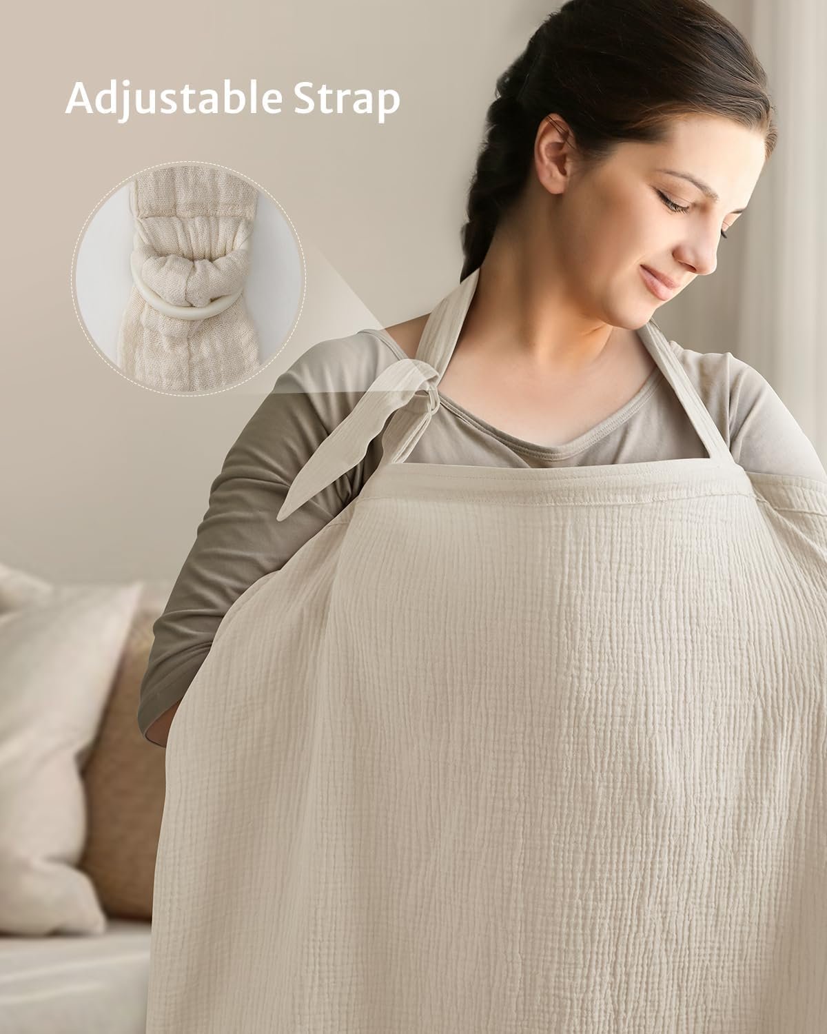 Breathable Muslin Nursing Cover for Breastfeeding, Soft Cotton Multi-Use Breastfeeding Apron with Adjustable Hoop Neckline, Portable Storage Pocket Windproof Straps