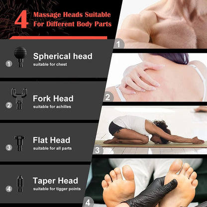 Electric Massage Gun, Rechargeable Deep Massager Massager with 4 Massage Heads for Body Pain Relief and Sports Body Massage