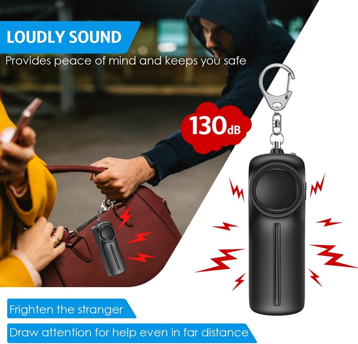 AMIR Safe Sound Personal Alarm Keychain for Women Protection - AMIR Safety Siren Keychain Loud Alarm - Personal Alert Device with LED Light - 130 dB Emergency Security Alert Key Chain Whistle, Black