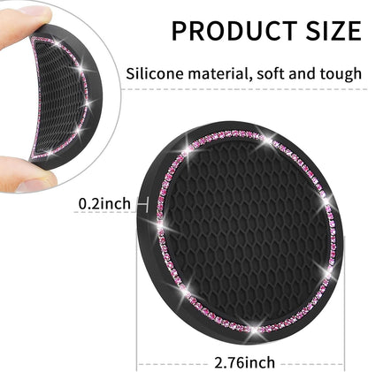 4 Pack Car Coasters, Universal Vehicle Bling Car Coaster, Crystal Rhinestone Coaster for Cup Holders,Interior Accessories 2.75'' Silicone Anti Slip Car Coasters for Women (Pink Crystal Circle)