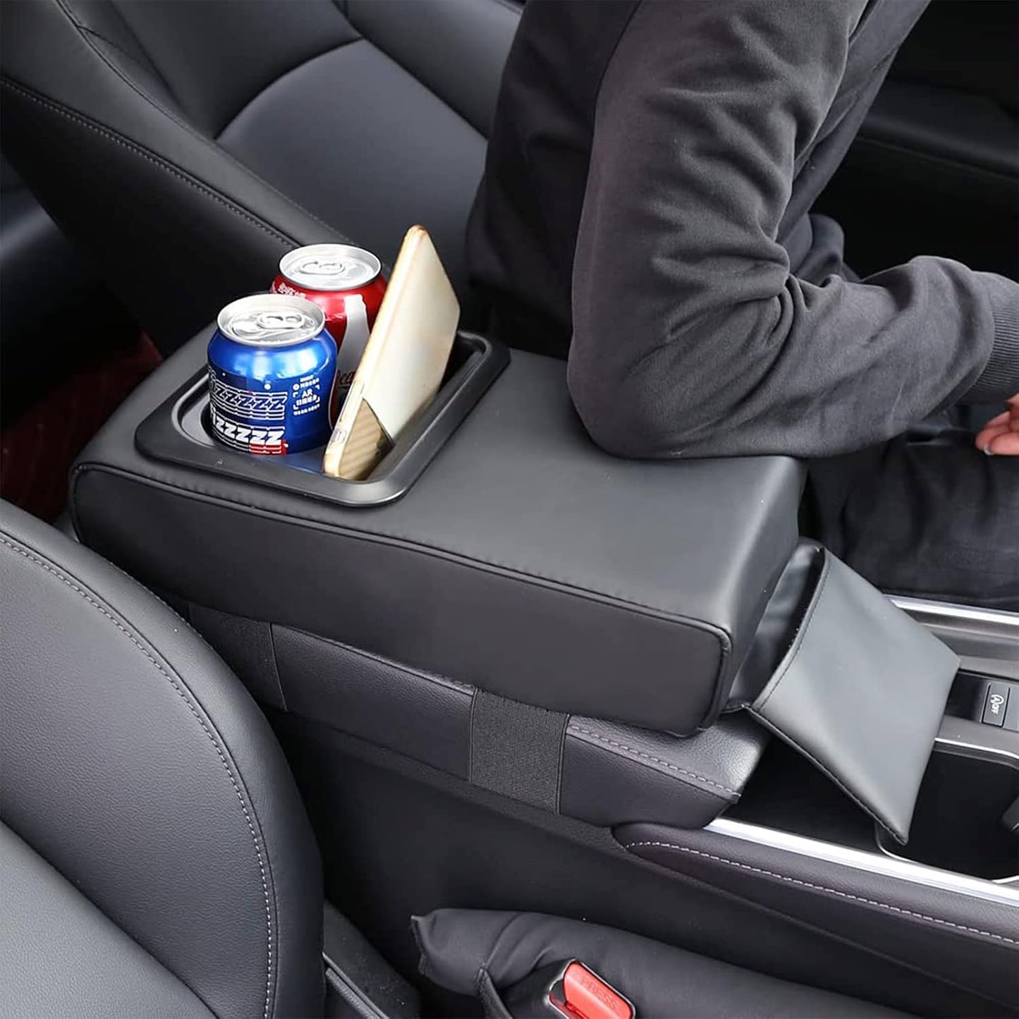 Car Center Console Armrest Cushion, Universal Leather Memory Foam Armrest Cover Pillow with Bling Coaster, Auto Arm Rest Support Pad Protector Interior Accessories