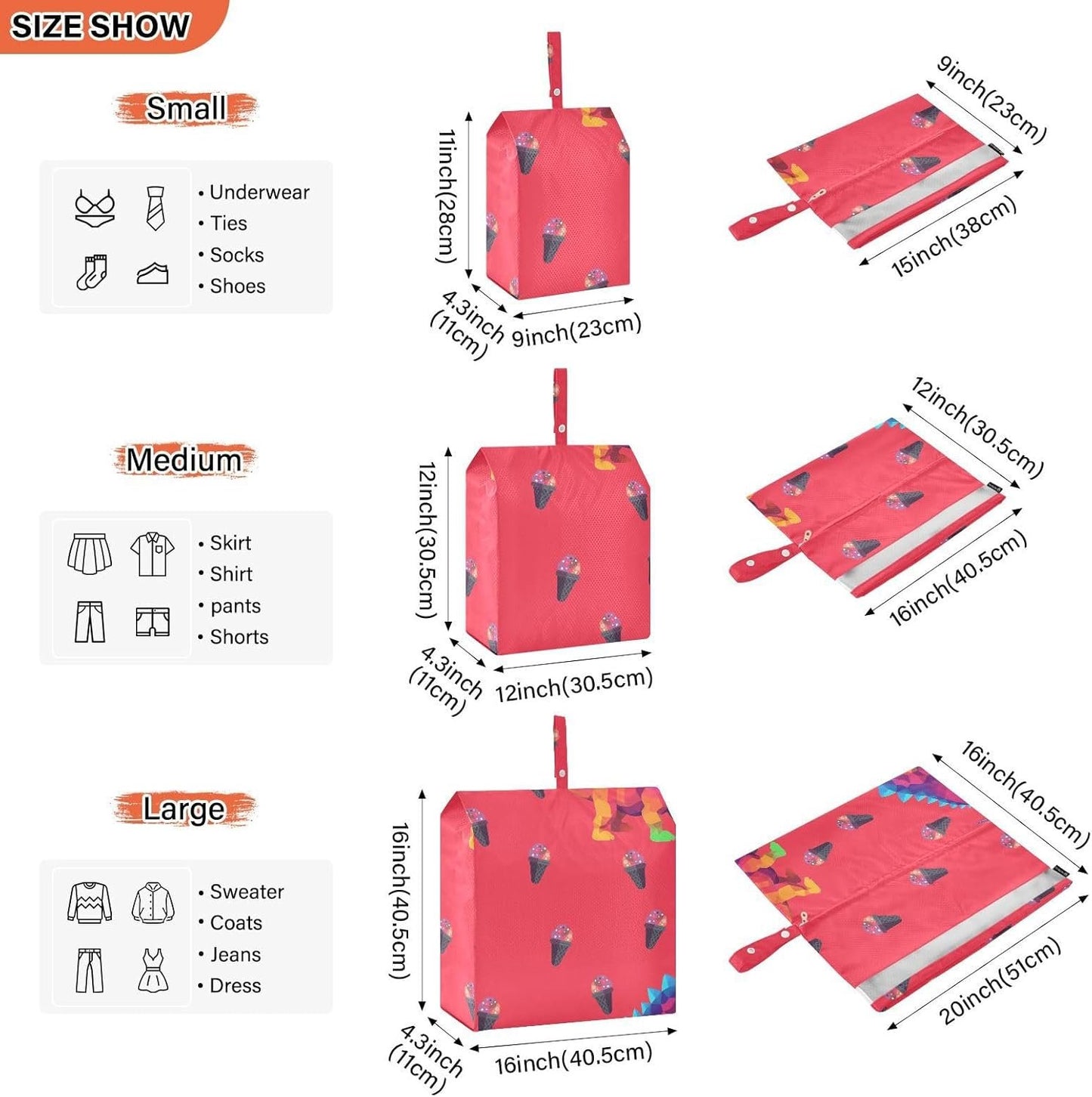 3 Set Packing Travel Organizer, Black Icecream, Office Storage & Organization, Folding Closet Organizer Reusable Bags For Clothing