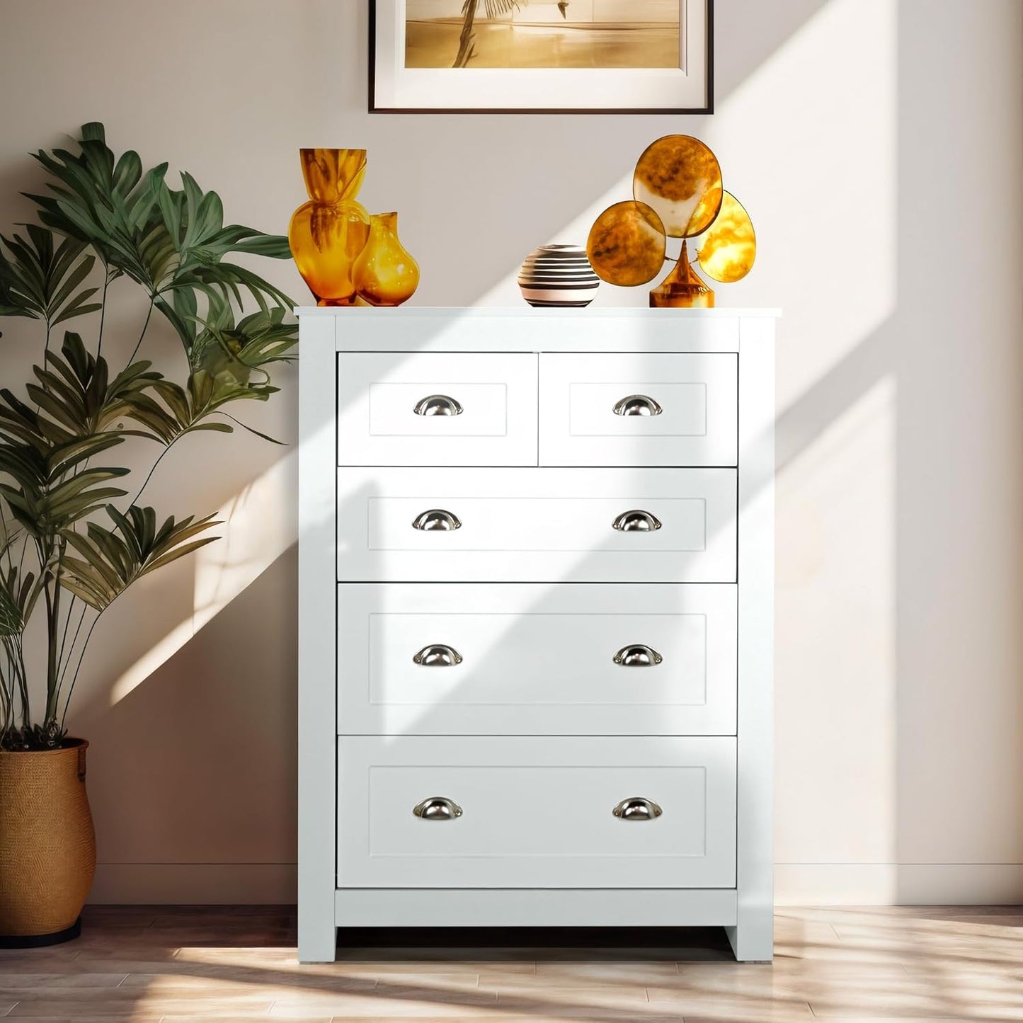 WeHome Modern Bedroom Chest of Drawers, Como Chest of 4 Wooden Drawers, Space-Saving Chest of Drawers, 100 x 40 x 70 cm, Chest of Drawers for Bedroom and Living Room with Chrome Handles (White)