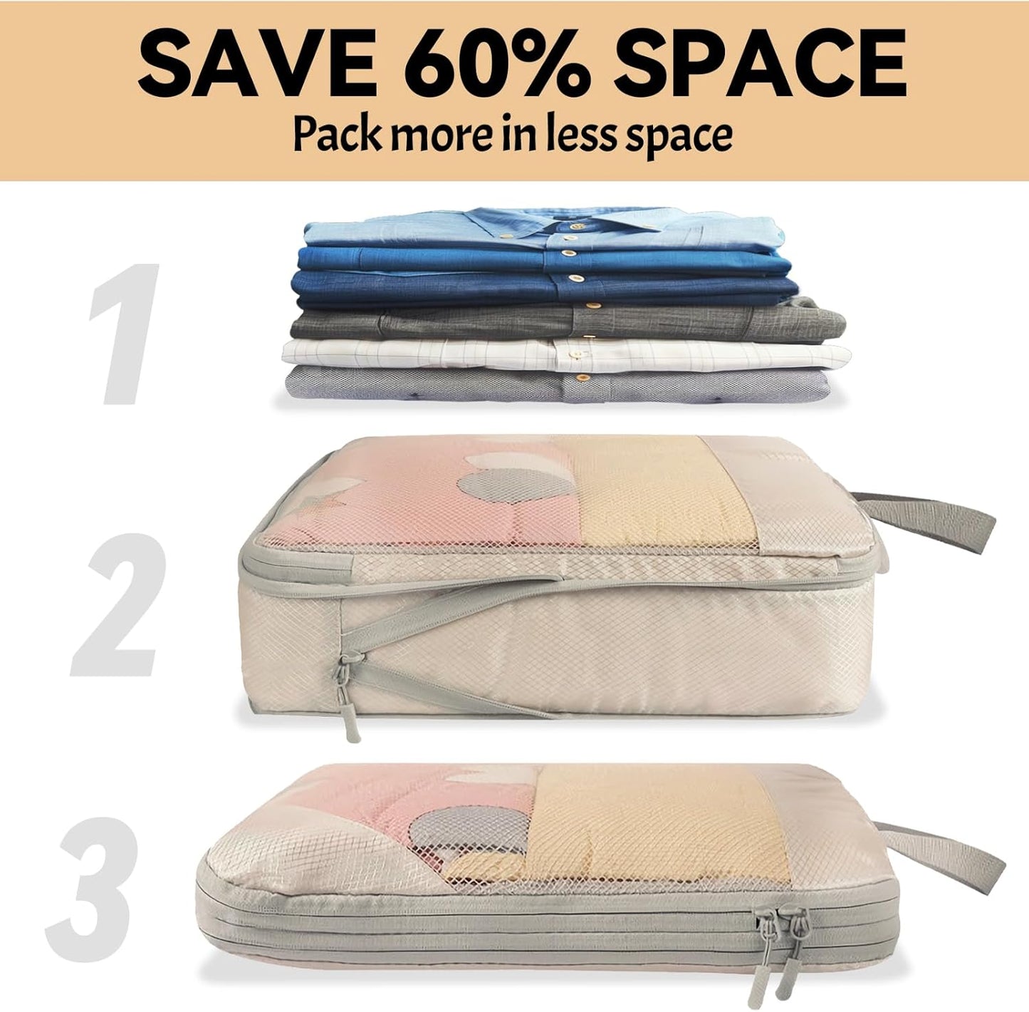 8-Piece Suitcase Organizer, Packing Cubes Compression Organizers Suitcase Travel Vacation and Travel, Organizer Suitcase Set, Space-Saving Suitcase Organizer (Beige)
