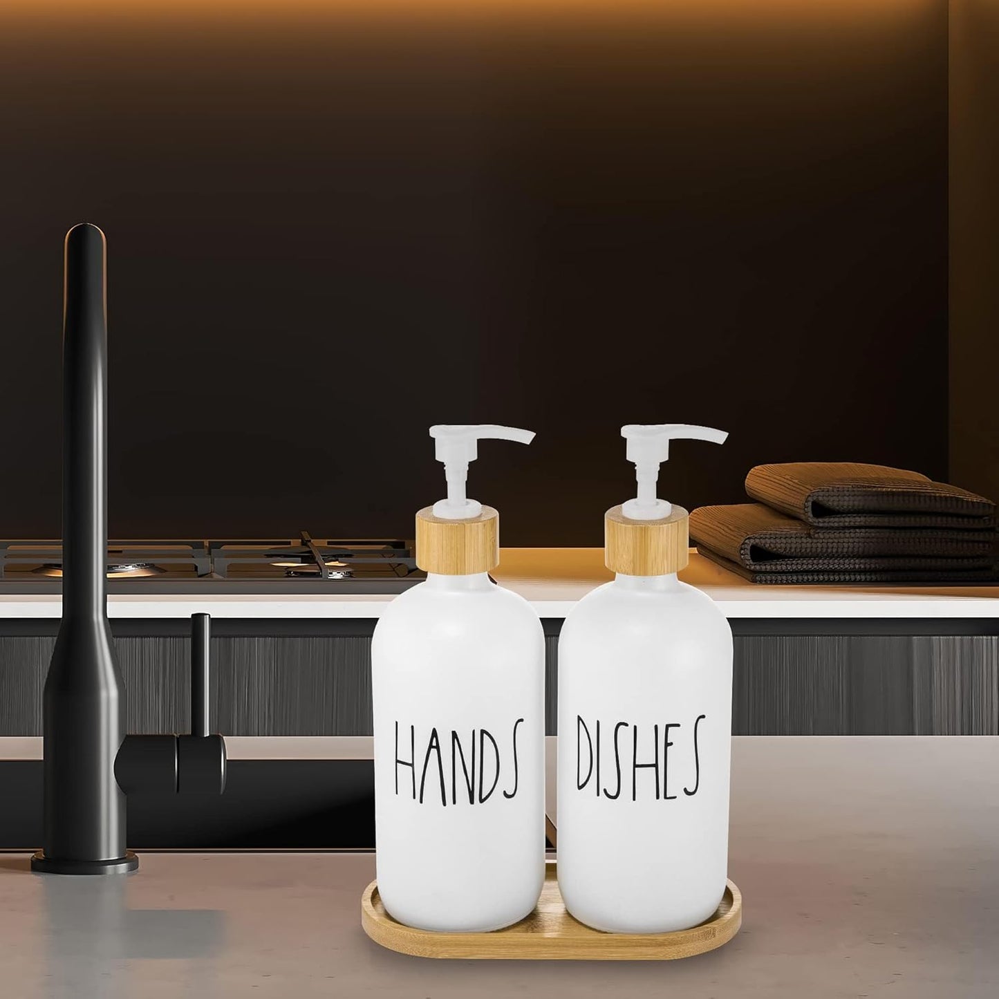 Hand and Dish Soap Dispenser for Kitchen by Brighter Barns - White Kitchen Soap Dispenser Set with Tray - Farmhouse Glass Soap Dispenser - Cute Housewarming, Wedding, Boho Home Decor