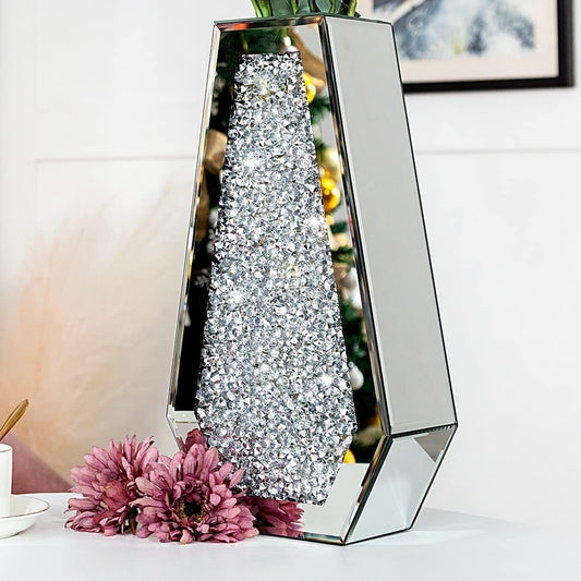 Crushed Diamond Flower Vases Decorative Large Clear Glass Mirrored Vase Silver Crystal Vase for Home Decor Can Not Hold Water,36H cm