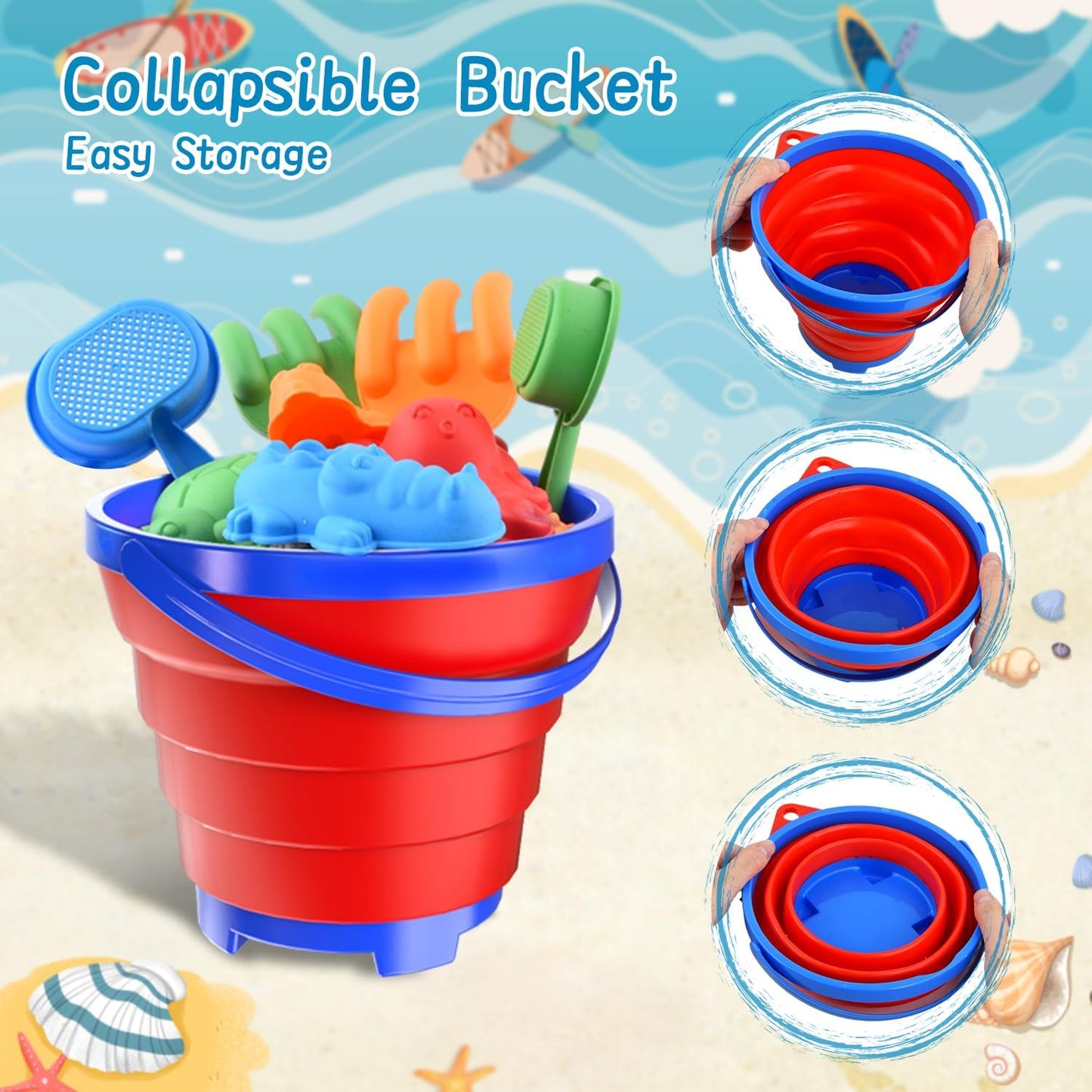 Sand Beach Toys for Kids, 3PCS Collapsible Sand Bucket, Shovel Set, Animal Molds with Big Mesh Bag, Travel Toys forToddlers Boys Girls Outdoor Beach Play Camping Bath Pool Water Play-14PCS
