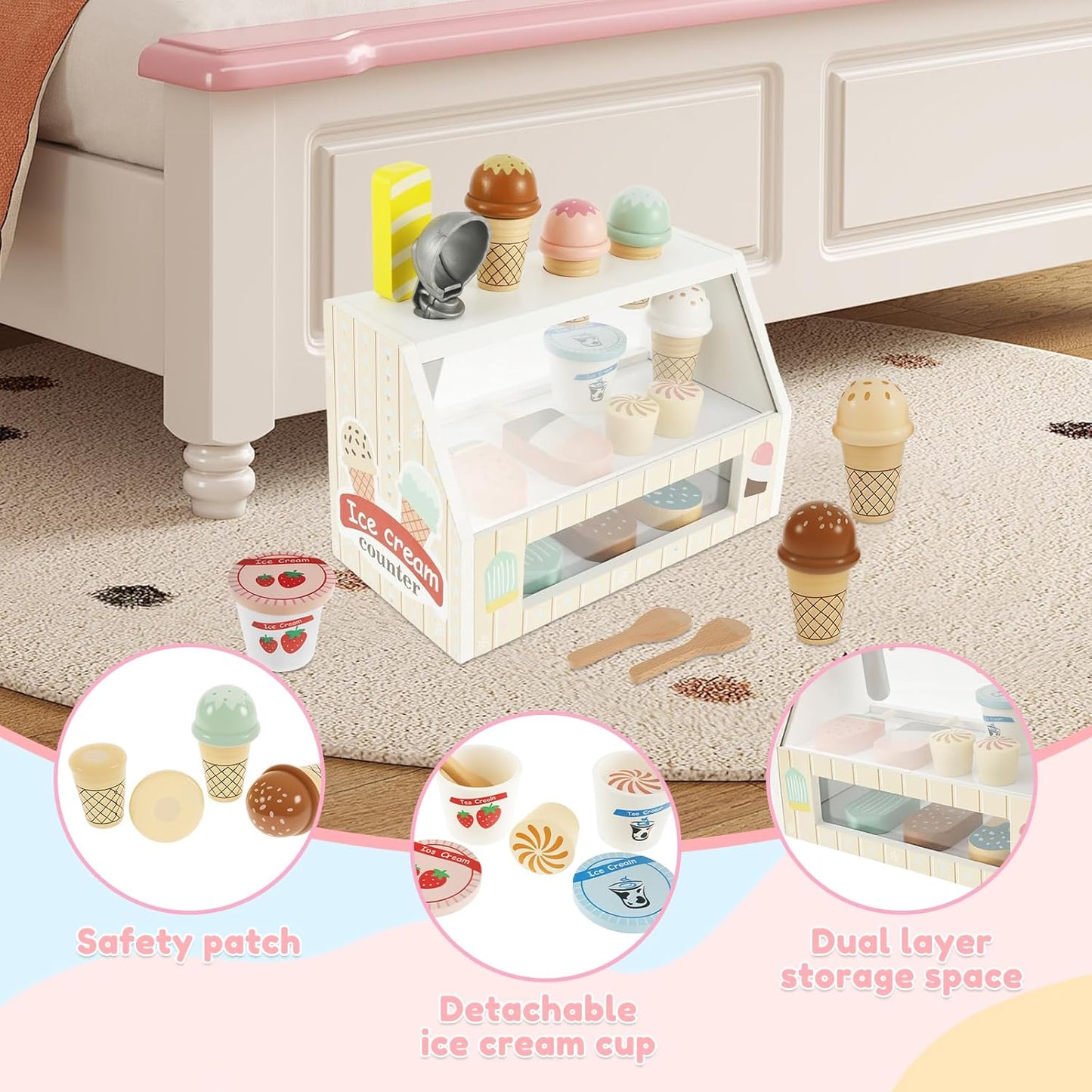 Wooden Ice Cream Toys, Wood Ice Cream Counter Play Set, Play Store Pretend Toy for Toddlers, Ice Cream Counter Shop with Spoon, Play Kitchen Accessories for Kids