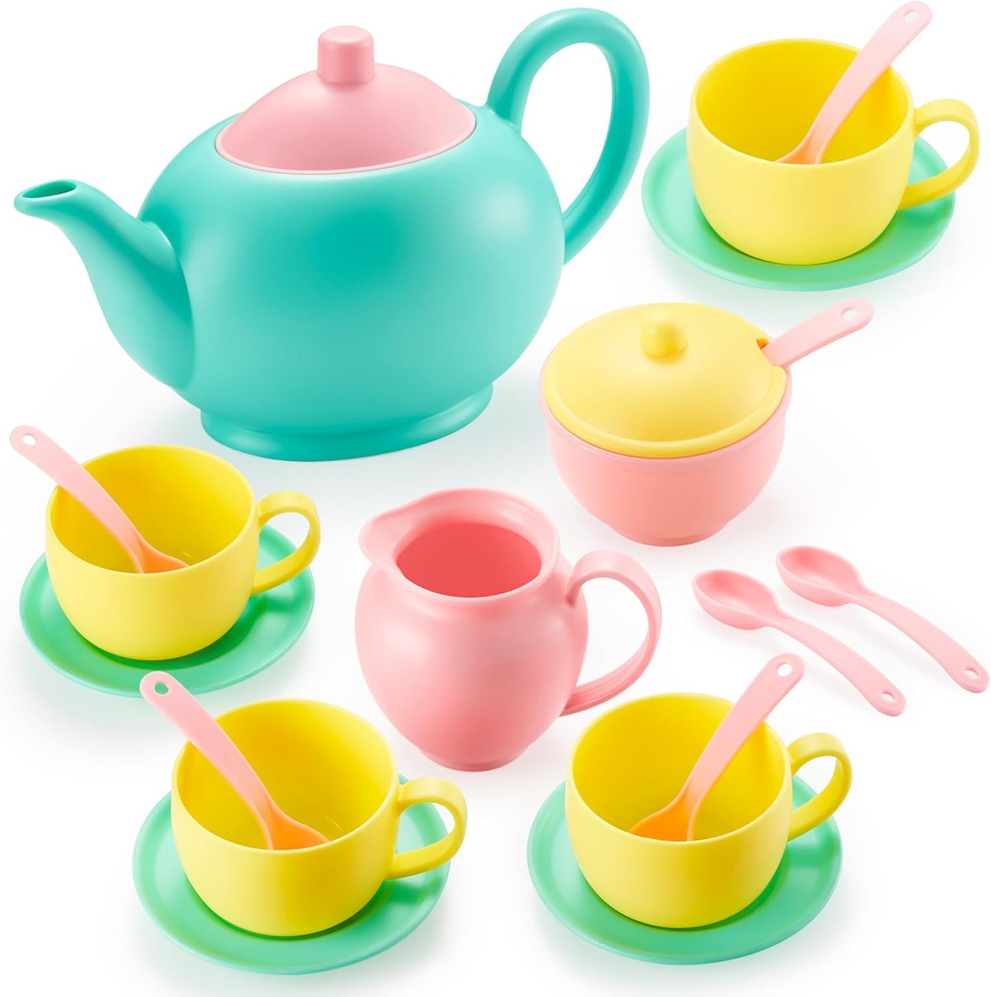 JOYIN 18PCS Pretend Play Tea Party Set for Little Girl, Play Food Toy Accessories, BPA Free, Phthalates Free, Plastic Tea Set, Mini Kitchen for Kids, Toddler Boys Girls Ages 3,4,5,6 Years Old Gifts